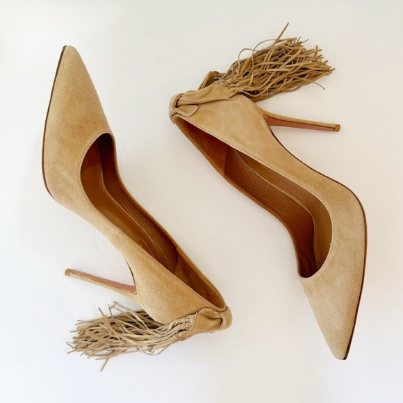 AQUAZZURA TAN CAMEL SUEDE HANGING FRINGE TIE KNOT POINTED TOE HIGH HEEL PUMPS - Picture 4 of 13